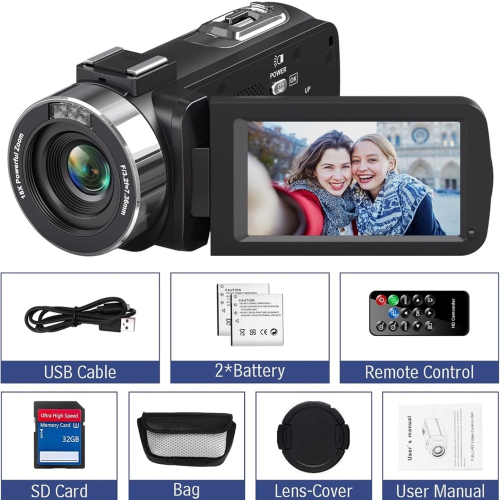 Black Video Camera with Wide-Angle Lens and LCD Screen